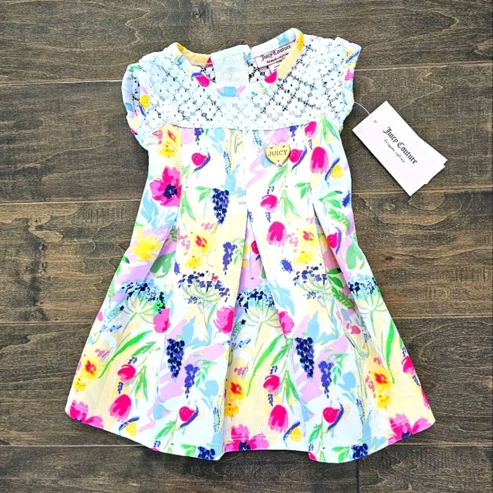 New Juicy Couture Baby Girl's Dress Pink, Yellow, Blue & Purple Floral Pattern